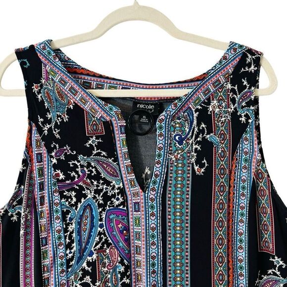 Nicole by Nicole Miller ring keyhole neck placed print bright on black sleeveles - Picture 2 of 14